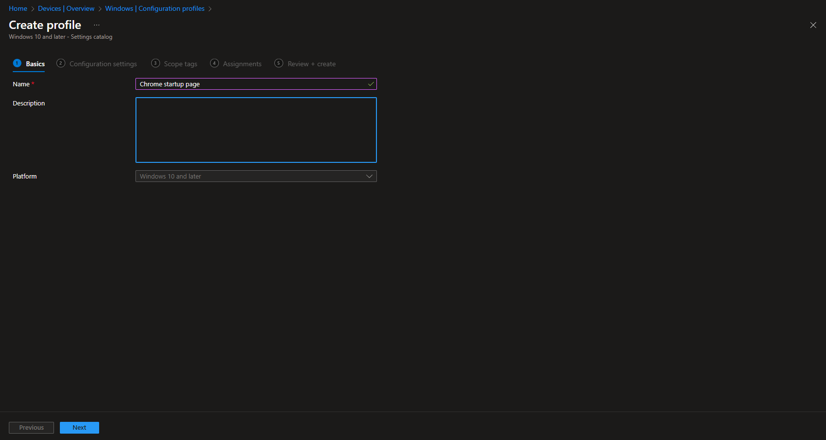 Create a profile – Platform Windows 10 and later, Profile type Settings catalog